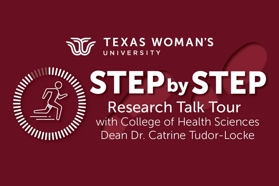 maroon graphic with TWU logo and Step by Step Research Talk Tour details