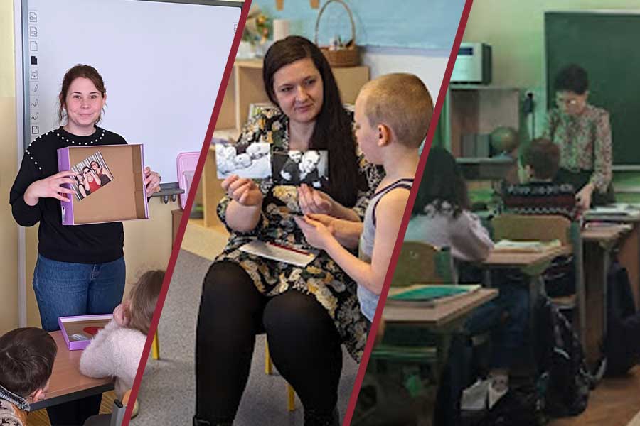 Polish teachers Katarzyna Pajewska, Anna Nankowska, and Małgorzata Jaszczuk-Surma, Dr n. hum., lead instruction for Ukrainian refugee students.