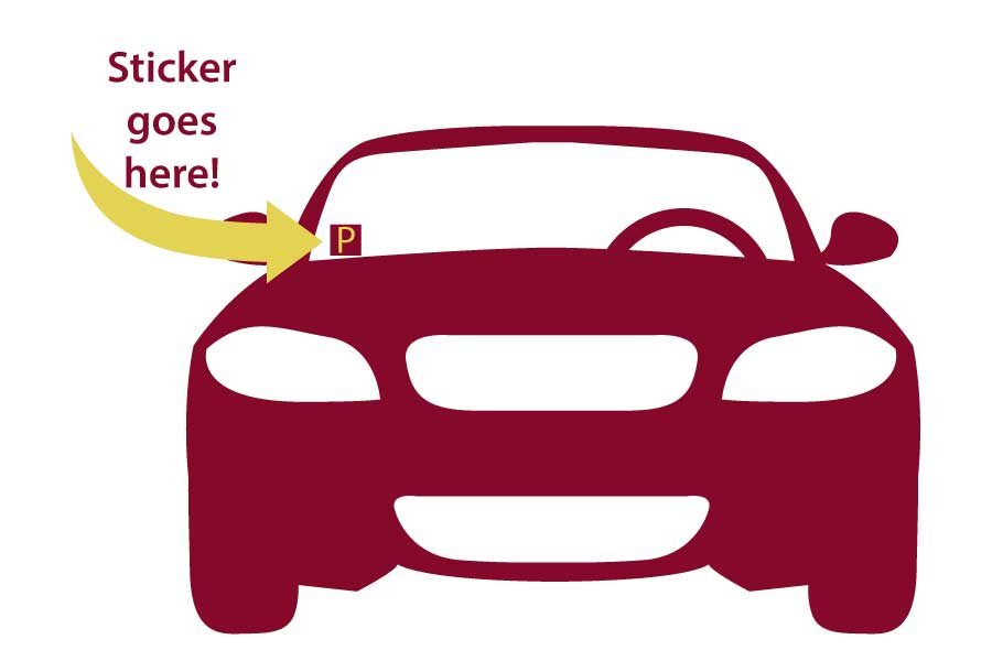 A graphic displaying a parking permit on the bottom passenger side of a car windshield.