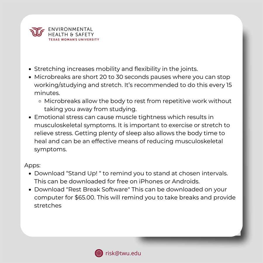 Infographic describing the importance of taking breaks to prevent musculoskeletal systems