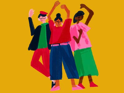 three people with their arms raised in celebration