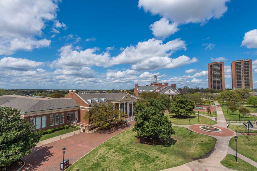 An aerial view of Hubbard Hall and the Blagg-Huey Library on TWU's Denton campus