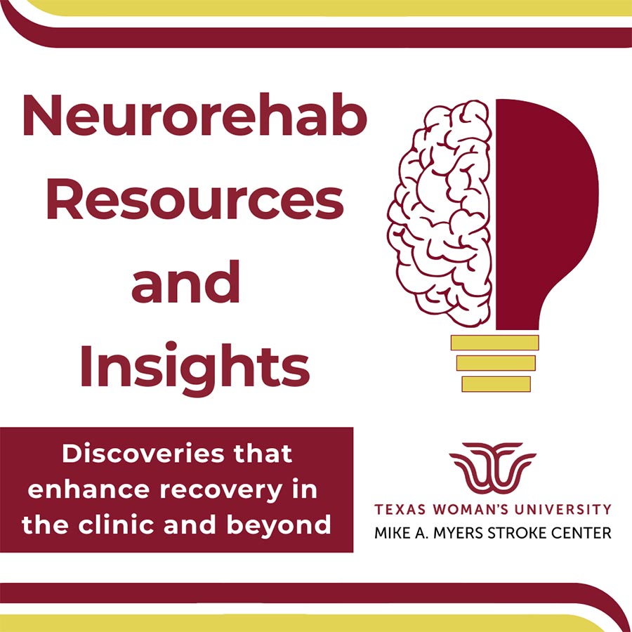 graphic for Neurorehab Resources and Insights podcast with title and image of brain