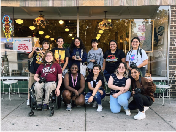 Group photo of student members of PAC, our photography club, after a successful photo walk. Image taken in front of Beth Marie's Ice Cream in Denton, TX